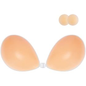 Adhesive Bra Strapless Sticky Invisible Push up Silicone Bra for Backless Dress with Nipple Covers (Color: Creme, Cup Size: D)